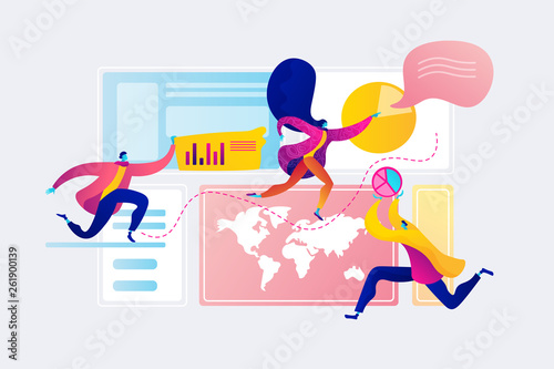 Social media dashboard, online marketing interface, social media metrics concept. Vector isolated concept illustration with tiny people and floral elements. Hero image for website.