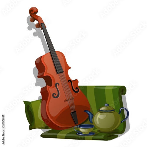 Composition of violin, green striped fabric and tea set isolated on white background. Vector cartoon close-up illustration.