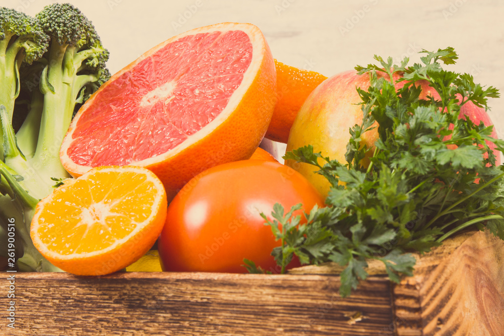 Fruits and vegetables as source minerals and vitamins. Diet, slimming and healthy nutrition concept Fruits and vegetables as source minerals and vitamins. Diet, slimming and healthy nutrition concept