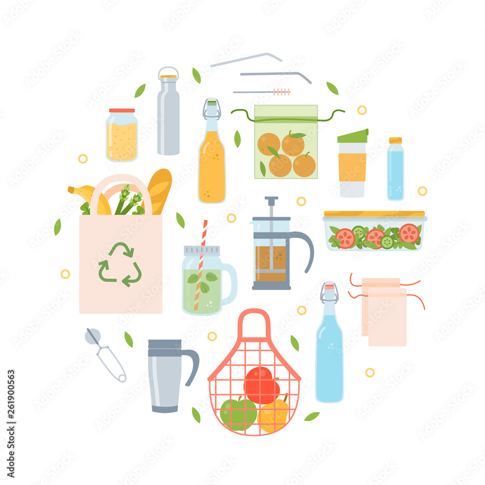 Zero waste round concept with kitchen utensils and food. Sign for your design. Flat vector illustration. Zero waste round concept with kitchen utensils and food. Sign for your design. Flat vector illustration.
