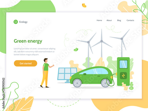 Green energy. Solar panels, wind turbines and electric car. Landing page design template. Flat vector illustration.