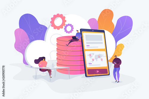 Digital data storage, database security, data protection, cloud technology concept. Vector isolated concept illustration with tiny people and floral elements. Hero image for website.