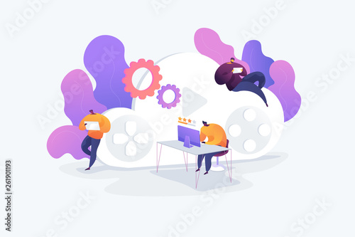 Cloud gaming and gaming on demand, video and file streaming, various devices gaming concept. Vector isolated concept illustration with tiny people and floral elements. Hero image for website.