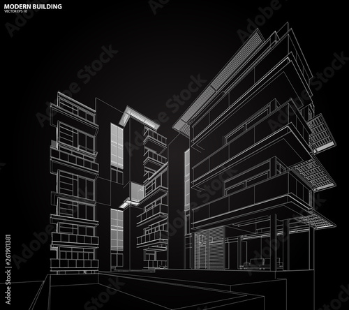 Perspective 3D render of building wireframe - Vector illustration 