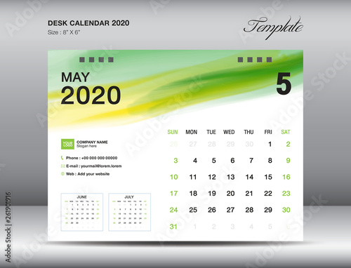 Desk Calendar 2020 template vector, MAY 2020 month with green watercolor brush stroke, business layout, 8x6 inch, Week starts Sunday, Stationery design, printing media, publication template