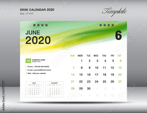 Desk Calendar 2020 template vector, JUNE 2020 month with green watercolor brush stroke, business layout, 8x6 inch, Week starts Sunday, Stationery design, printing media, publication template