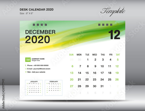 Desk Calendar 2020 template vector, DECEMBER 2020 month with green watercolor brush stroke, business layout, 8x6 inch, Week starts Sunday, Stationery design, printing media, publication template