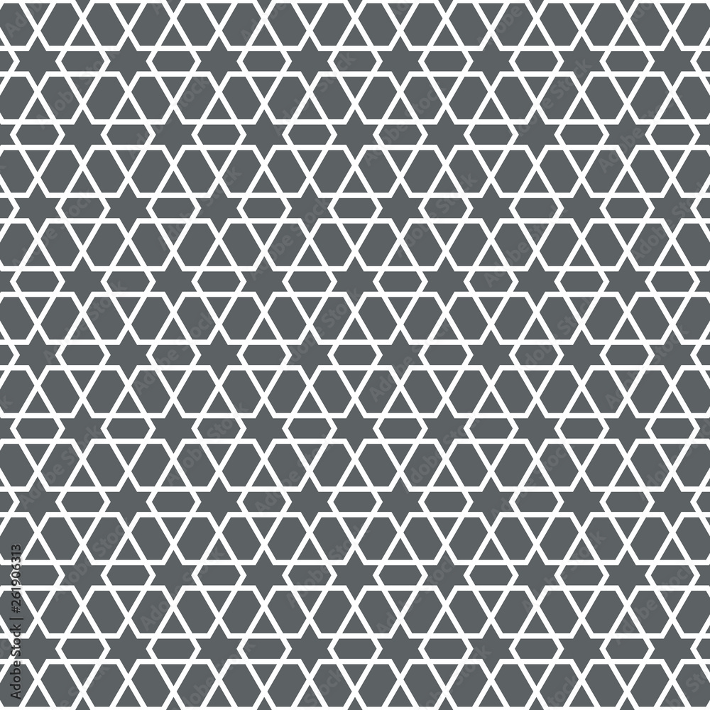 Vector pattern, repeating stripe linear intersecting hexagons and abstract star shape at center Vector pattern, repeating stripe linear intersecting hexagons and abstract star shape at center