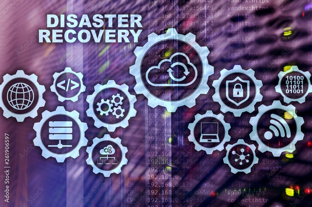 Big Data Disaster Recovery concept. Backup plan. Data loss prevention on a virtual screen. - obrazy, fototapety, plakaty 