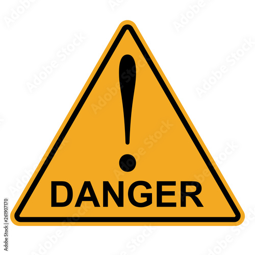 Orange yellow triangle exclamation mark word danger, vector danger hazard warning attention sign