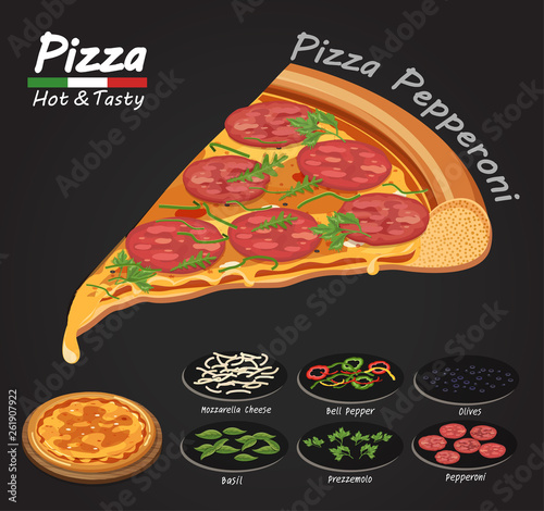 Pizza on the board with the ingredients.