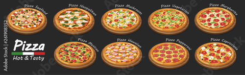 set of flat pizza icons isolated on black. vector
