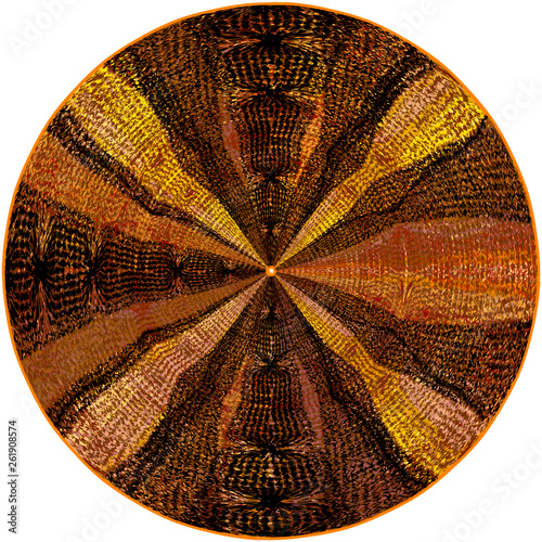 Colorful weave round carpet with grunge striped centrifugal  ornamental pattern isolated on white