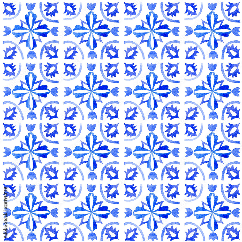 Fototapeta premium seamless pattern with blue moroccan tiles, watercolor texture