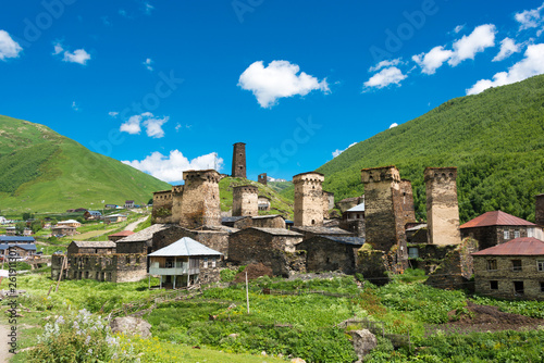 Ushguli, Georgia - Jun 21 2018: Svan Towers at Ushguli village in Samegrelo-Zemo Svaneti, Georgia. It is part of the UNESCO World Heritage Site - Upper Svaneti.