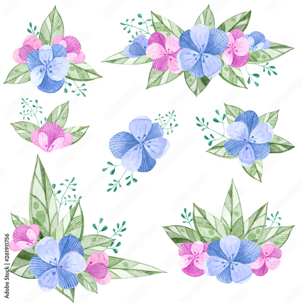Collection of isolated pink and blue flower arrangements for decorating frames and invitations Collection of isolated pink and blue flower arrangements for decorating frames and invitations
