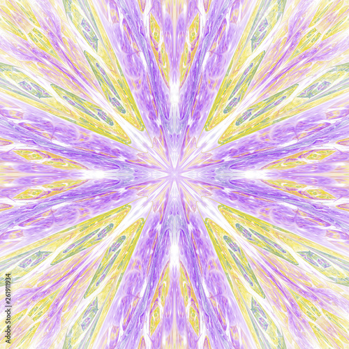 Abstract intricate symmetrical yellow and violet ornament. Fantastic fractal mandala. Psychedelic digital art. 3d rendering.
