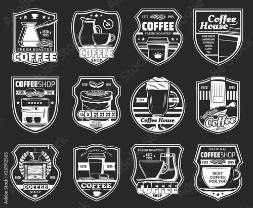Coffee icons with espresso machine, hot drink cups