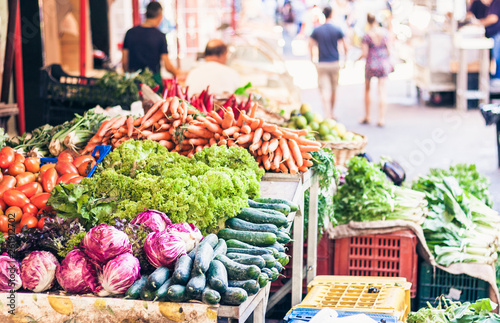 Various colorful fresh vegetables in the fruit market, Catania, Sicily, Italy.