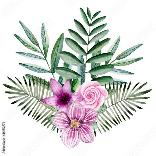 Fototapeta Naklejka Na Ścianę i Meble -   Watercolor flower illustration. Composition, frame, wreath, Individual elements