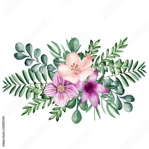  Watercolor flower illustration. Composition, frame, wreath, Individual elements