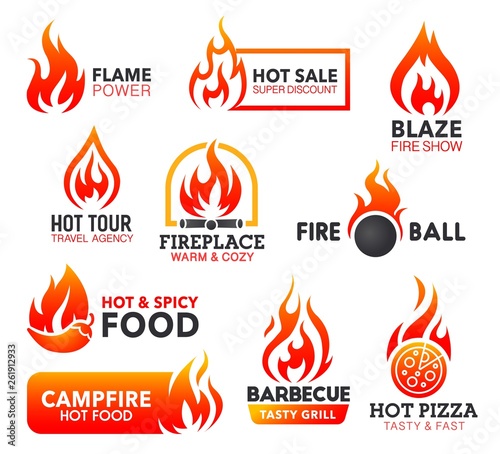 Fire flame icons of campfire, fireball and bonfire
