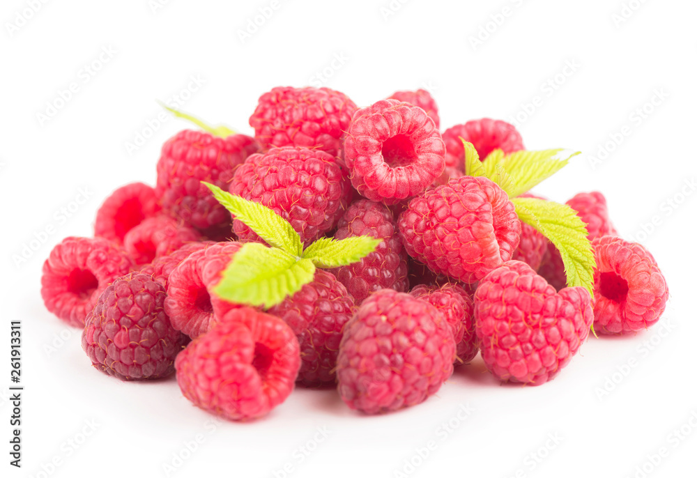 Raspberry with leaves isolated on white background Raspberry with leaves isolated on white background