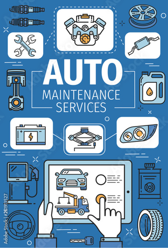 Car service, motor oil and engine, wheel and tyre