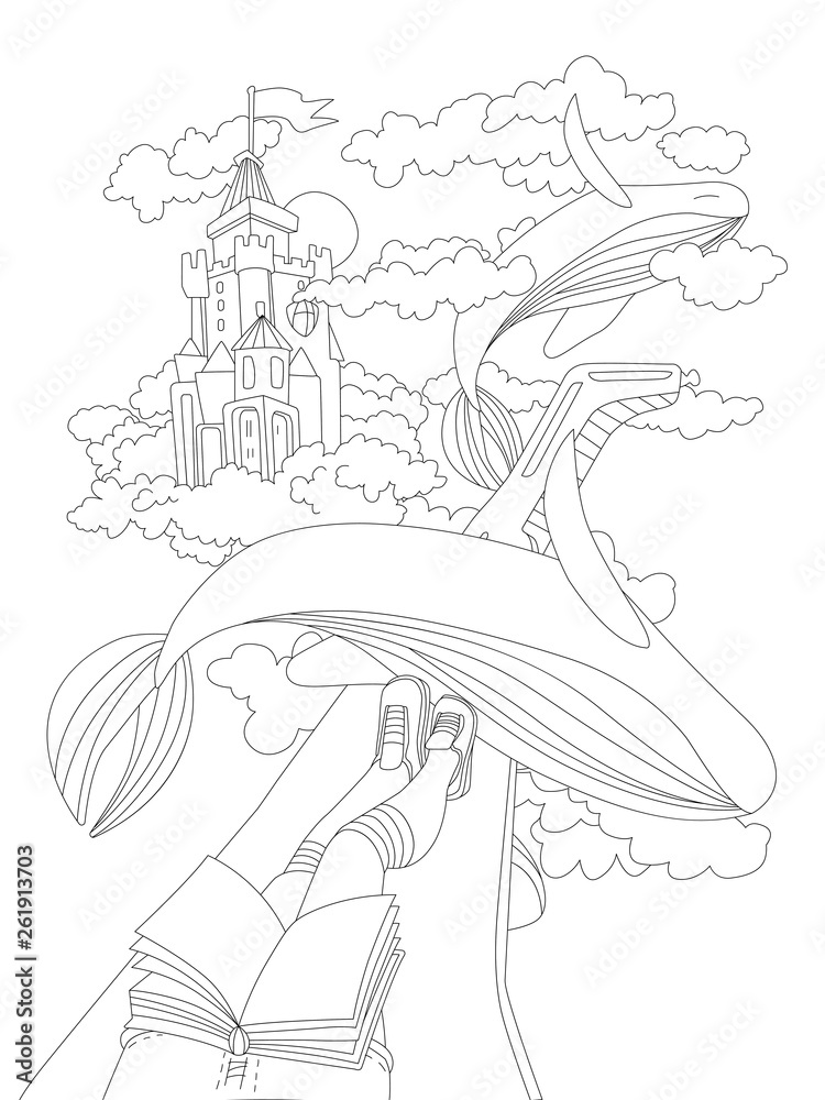 Cute hand draw coloring page with dreaming girl, sitting with book on a wing of plane, seing flying whales and magic castle among clouds. Dreaming girl coloring page