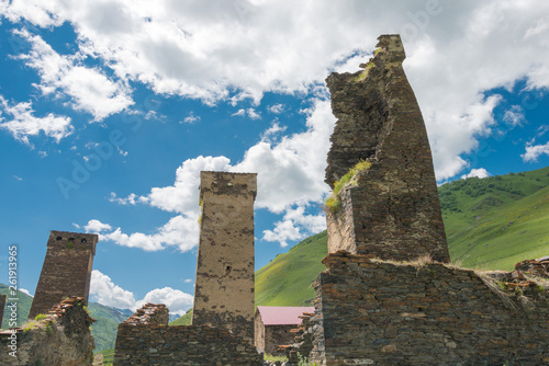 Ushguli, Georgia - Jun 21 2018: Svan Towers at Ushguli village in Samegrelo-Zemo Svaneti, Georgia. It is part of the UNESCO World Heritage Site - Upper Svaneti. photo