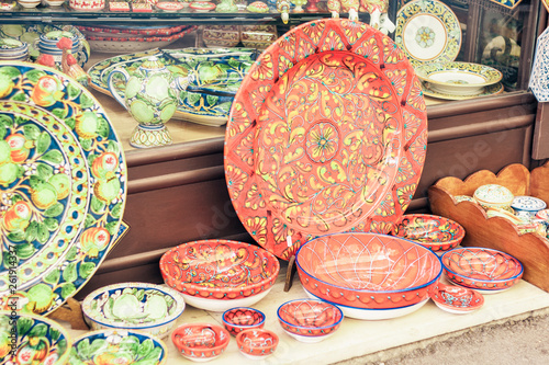 decorative plates in the souvenir shop in Taormina, Sicily, Italy
