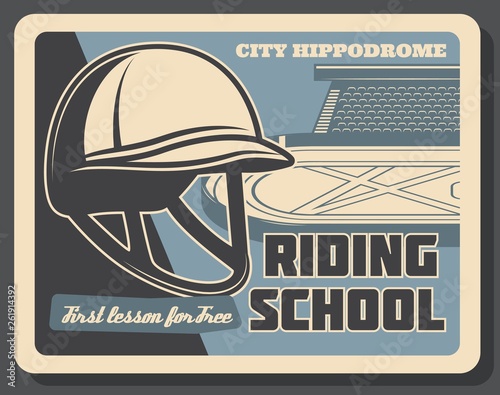 Horse hippodrome and jockey helmet. Riding school