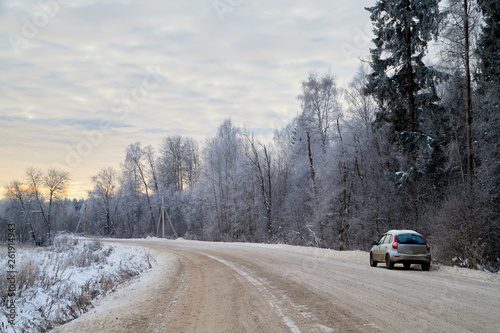 Car on the road at winter Russia