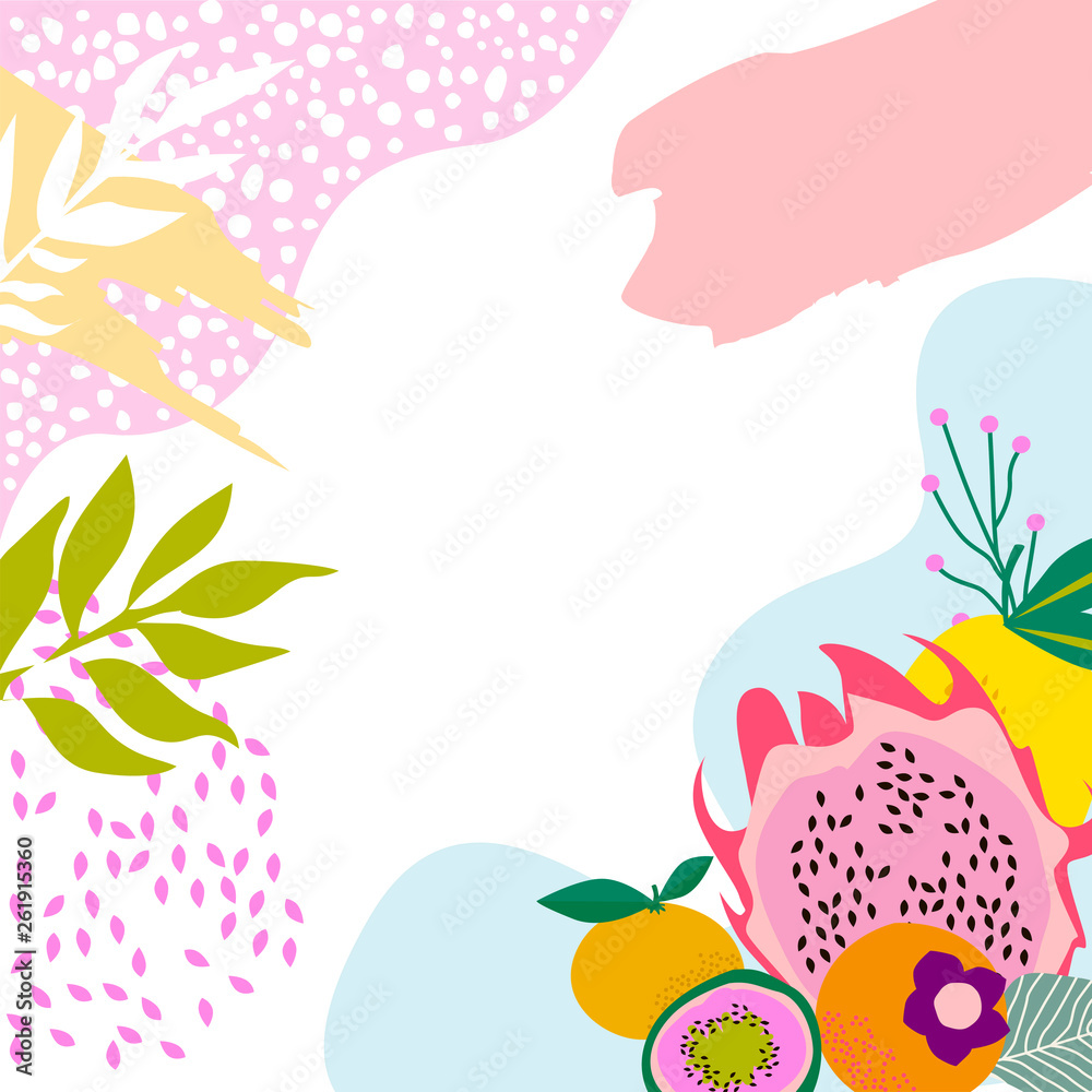 Square background with tropical fruits,shapes and leaves. Editable vector illustration