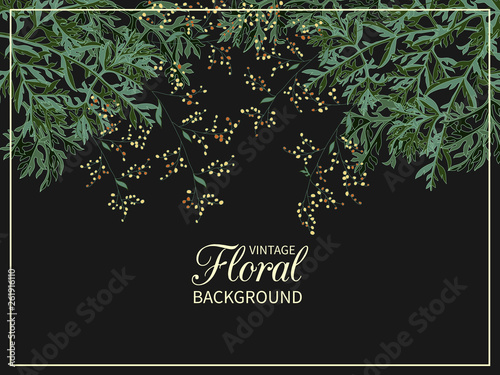 Branch of flowering wormwood on dark blue background.