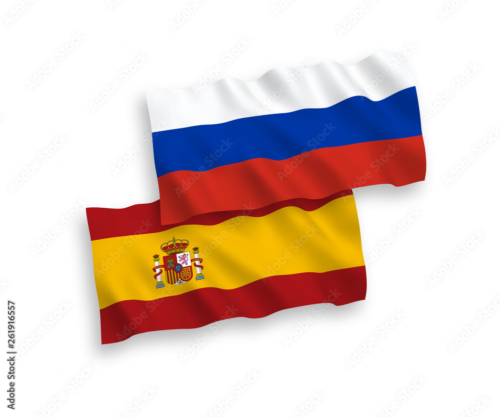 Naklejka premium National vector fabric wave flags of Spain and Russia isolated on white background. 1 to 2 proportion.