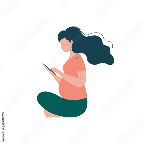 Attractive Brunette Pregnant Woman Using Tablet Device, Happy Pregnancy, Maternal Health Care Vector Illustration