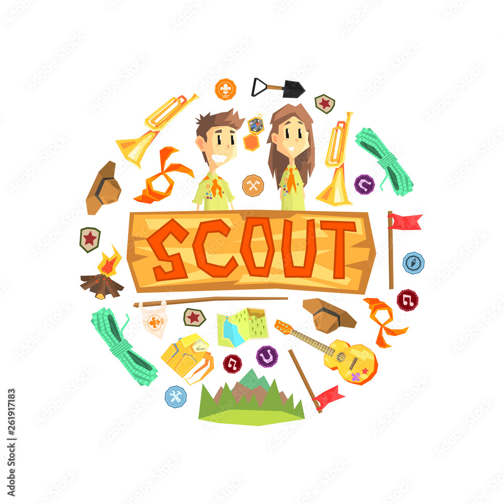 Vecteur Stock Scout Banner Template with Camping and Hiking Equipment,  Scouting Boy and Girl Wearing Scout Uniform, Kids Summer Camp Vector  Illustration | Adobe Stock