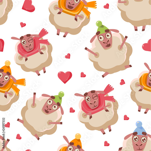 Cute Cartoon Sheep Seamless Pattern, Design Element Can Be Used for Fabric, Wallpaper, Packaging Vector Illustration