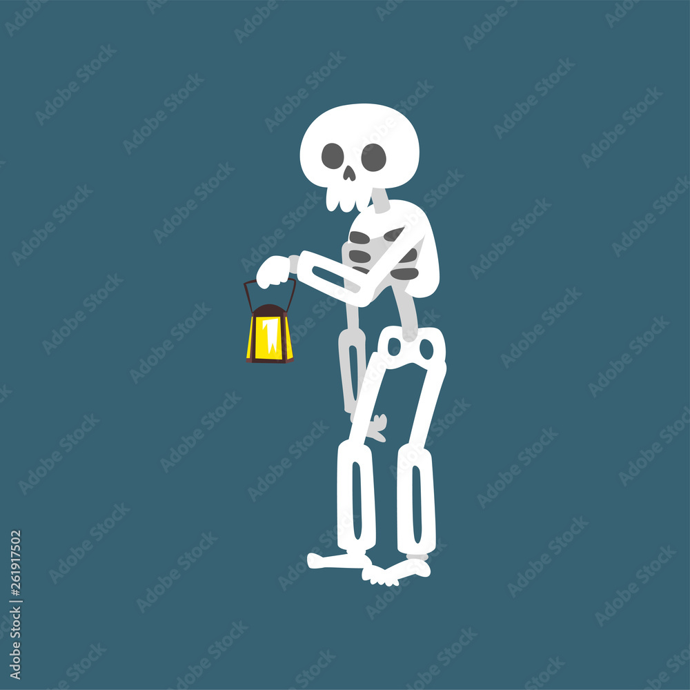 Human Skeleton Standing with Vintage Lantern, Dead Man Cartoon Character Vector Illustration