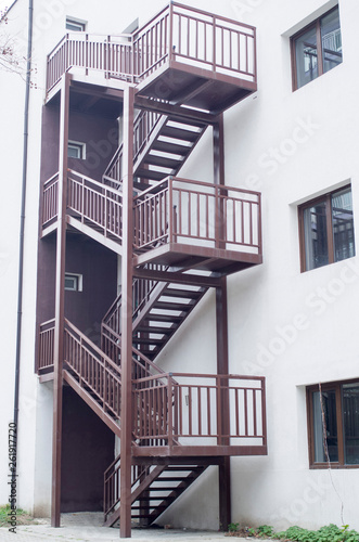 Fire escape stairs outside building facade in hotel