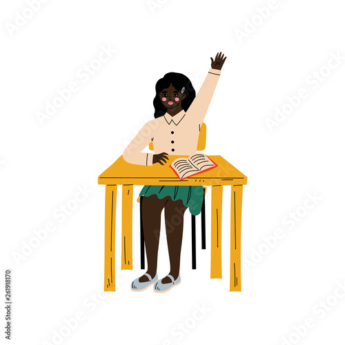 Cute African American Schoolgirl Sitting at Desk and Raising Her Hand to Answer, Elementary School Student Vector Illustration