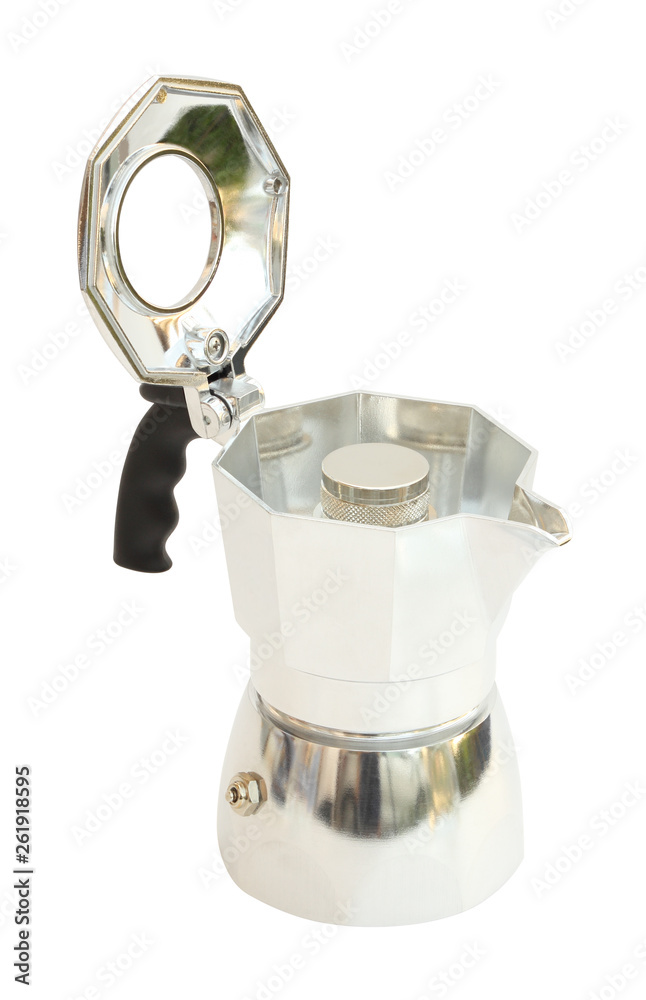 Upper front open cover moka pot on white background. Upper front open cover moka pot on white background.