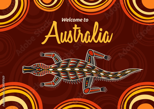 Abstract colorful flyer, poster, banner, placard, brochure design template. Crocodile. Aboriginal style.