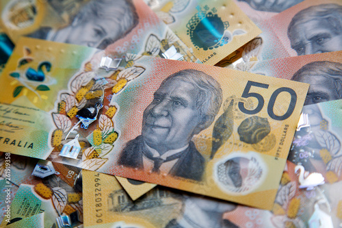 Australian fifty dollar banknote. The new 2019 issue bill is designed to deter counterfeiting, the note is polymer and water resistant with a clear holographic strip.