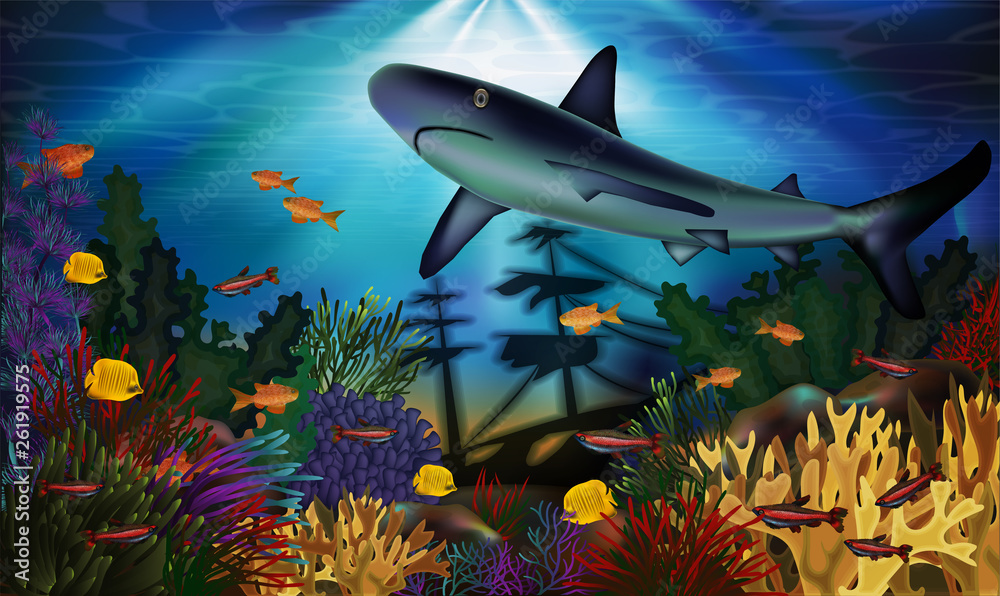Obraz premium Underwater background with shark and sunken ship, vector illustration
