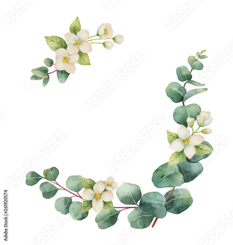 Watercolor vector wreath with silver dollar eucalyptus leaves and flowers.