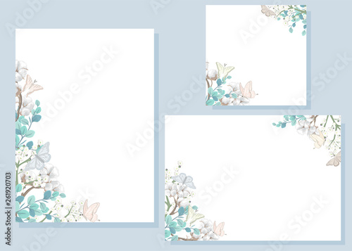 Set of white backgrounds with floral decoration