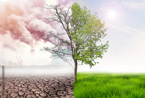 Принти на полотні comparing green earth and effect of air pollution from human action, glbal warmi