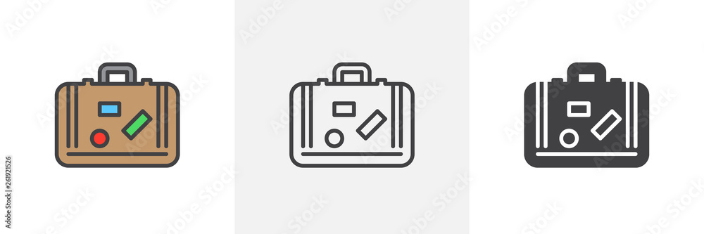 Travel suitcase with stickers icon. Line, glyph and filled outline colorful version, Baggage, luggage outline and filled vector sign. Symbol, logo illustration. Different style icons set. 